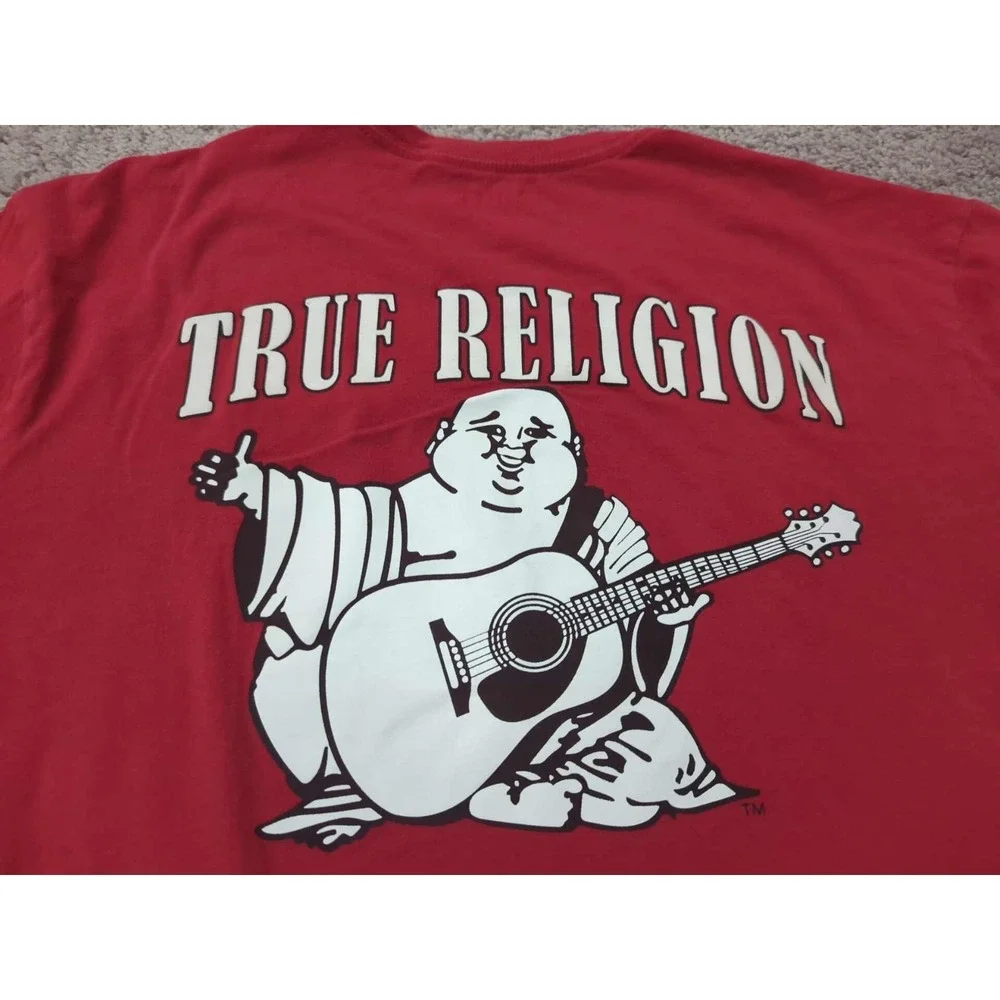 True Religion T Shirt Mens L Red Short‎ Sleeve Buddha Guitar Back Print Relaxed